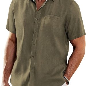 COOFANDY Men's Linen Shirts Short Sleeve Casual Shirts Button Down Shirt for Men Beach Summer Wedding Shirt